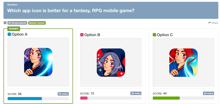 user vs. usability testing: screenshot of a PickFu poll for a mobile gaming app icon